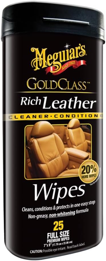 Meguiar's Gold Class Rich Leather Wipes - Best Automotive Care Cleaner - For Use on Upholestry, Auto Interiors and Accessories - Non-Toxic Leather Cleaner Wipes - 25 pack