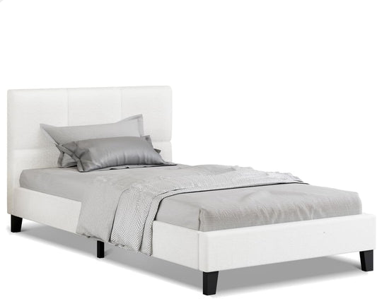 ALFORDSON Bed Frame Base King Single Size, Bed Platform Foundation with Boucle Upholstered Tufted Headboard for Mattress Topper, Platt Boucle White