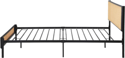 Oikiture Single Bed Base with Rattan Headboard and Steel Slat Single Bed Frame Mattress Platform Black