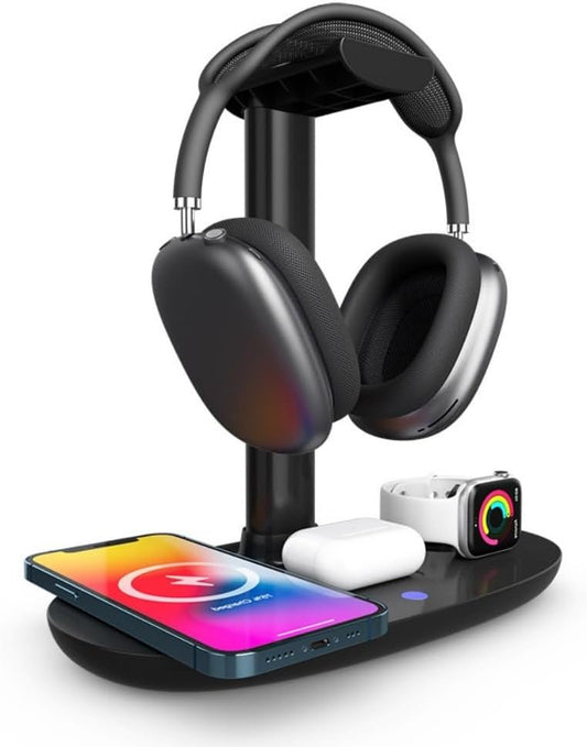 XUMIUZIY Headphone Stand with 4 on 1 Wireless Charger, Qi 15W Fast Wireless Charger for Multiple Devices, Wireless Charging Station for iOS Phone/Watch/Earphones