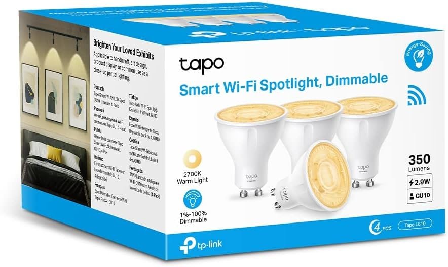 TP-Link Tapo Smart Wi-Fi Spotlight, Warm Light, Dimmable - GU10, 3.7W, No Hub Required, Works with Amazon Alexa and Google Home, Remote Control, Energy Class A+ (Tapo L610(4-pack)) | AU Version |