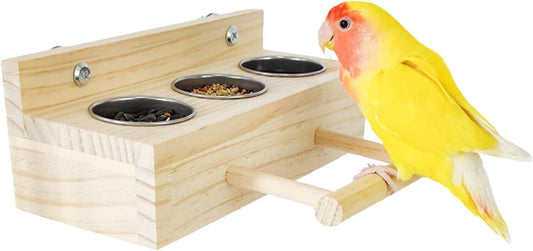 Bird Food Stainless Steel Cups Wooden Perch Stand Hanging Feeder Bowls Feeding and Watering Supplies for Parakeets Conures Cockatiels Budgie Parrot (with Three Cups)
