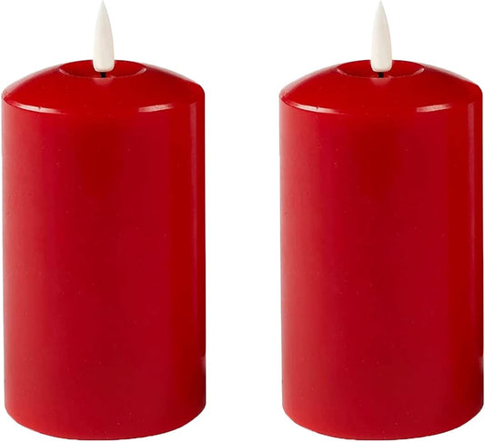 Lexi Lighting Set of 2 LED Pillar Flameless Candle Lamp, H18cm/Red, Real Wax, Flickering Effect, Battery Operated, Remote Control, On/Off Timer, Relaxing Ambience, Home, Parties, Interior Décor