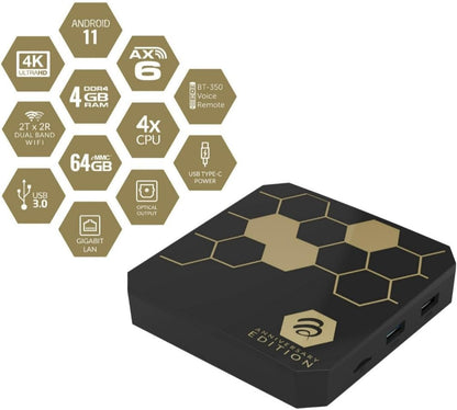 BuzzTV Classic Anniversary Edition 4K Media Device with 4GB RAM, 64GB Storage, BT-350 Voice Remote, Dual Antennas, Gigabit LAN, USB-C Port, and Wi-Fi 6