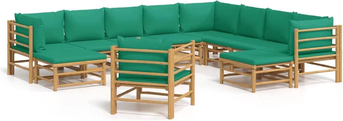 Homgoday Set Salotto da Giardino 12pz con Cuscini Verdi bambù, Lettini Prendisole, Divano Letto Mobili, Lettini da Giardino, Lettino da Piscina da Giardino per Esterno Piscina