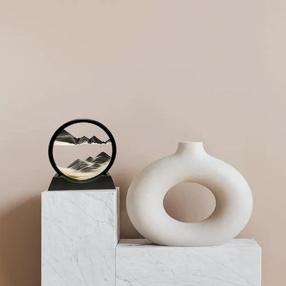Sand Painting Flowing Deco- Round Hourglass Painting 3D Flow Frame Sand Moving Image, Dynamic Landscape Art Decoration Gift for Home Office (Black, 7 Inches)