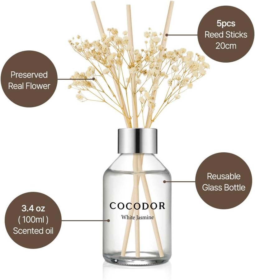 COCODOR Flower Reed Diffuser Set / 100ml / Lemon Eucalyptus/Scent Diffuser with Sticks Home Fragrance Reed Diffuser for Bathroom Shelf Décor