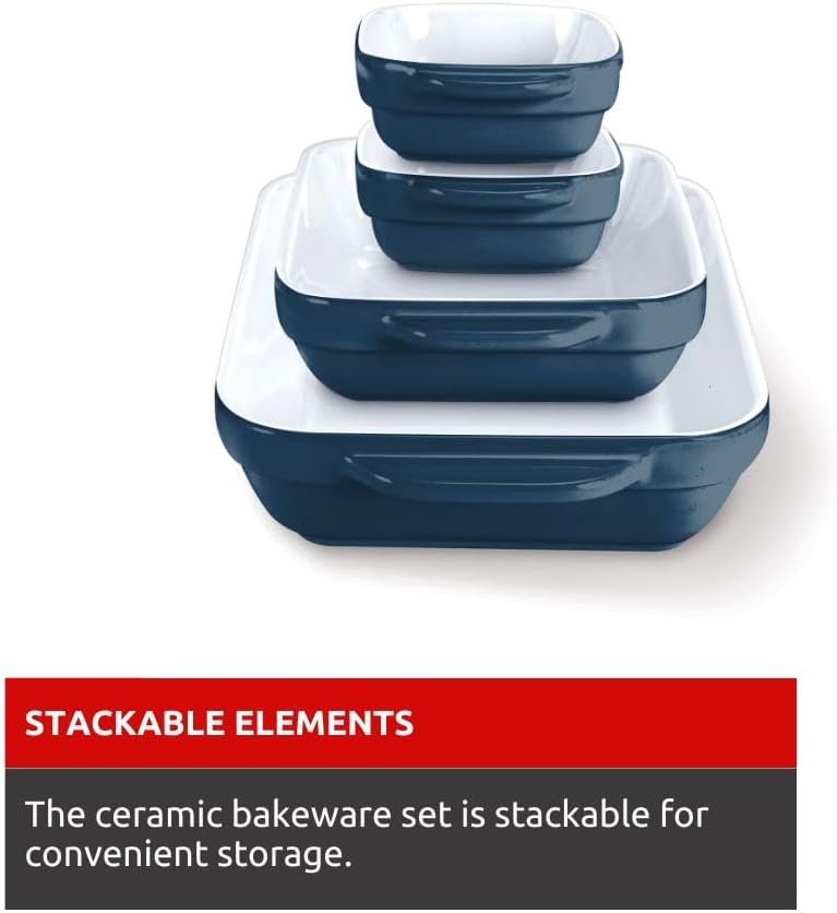 Lagostina Ceramic 4 Piece bakeware Set for The Everyday Baker, for Microwave, Oven, Dishwasher, Refrigerator/Freezer Safe, Blue