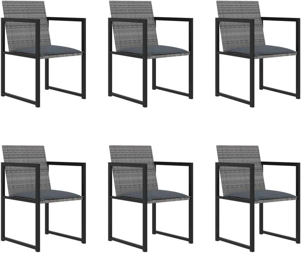 vidaXL Modern Poly Rattan Outdoor Dining Set with Cushions, Grey - Perfect for Patio or Garden, Featuring Tempered Glass Tabletop and Powder-Coated Steel Frames