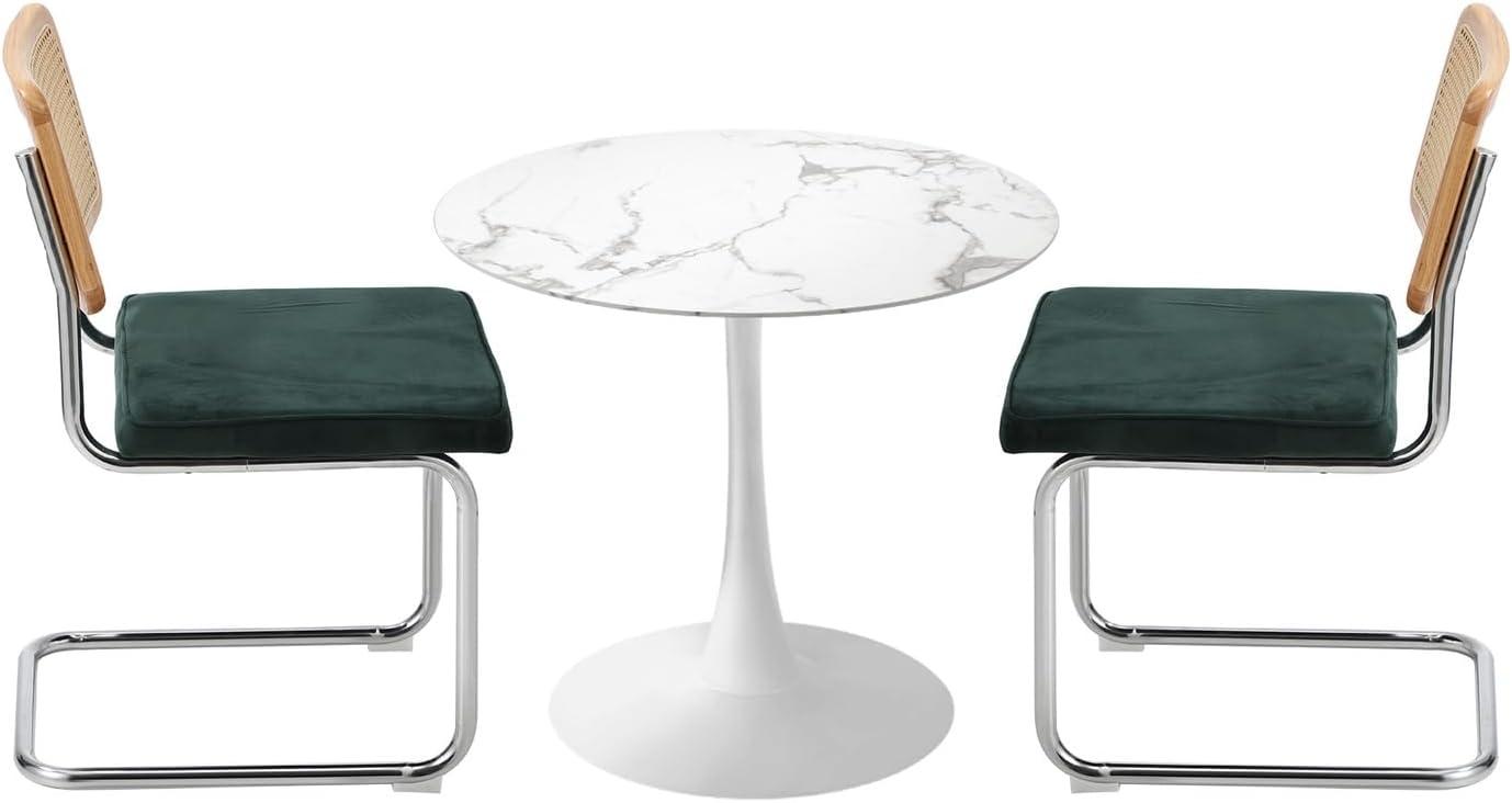 Oikiture 60cm Round Dining Table with 3PCS Dining Chairs Velvet White&Green