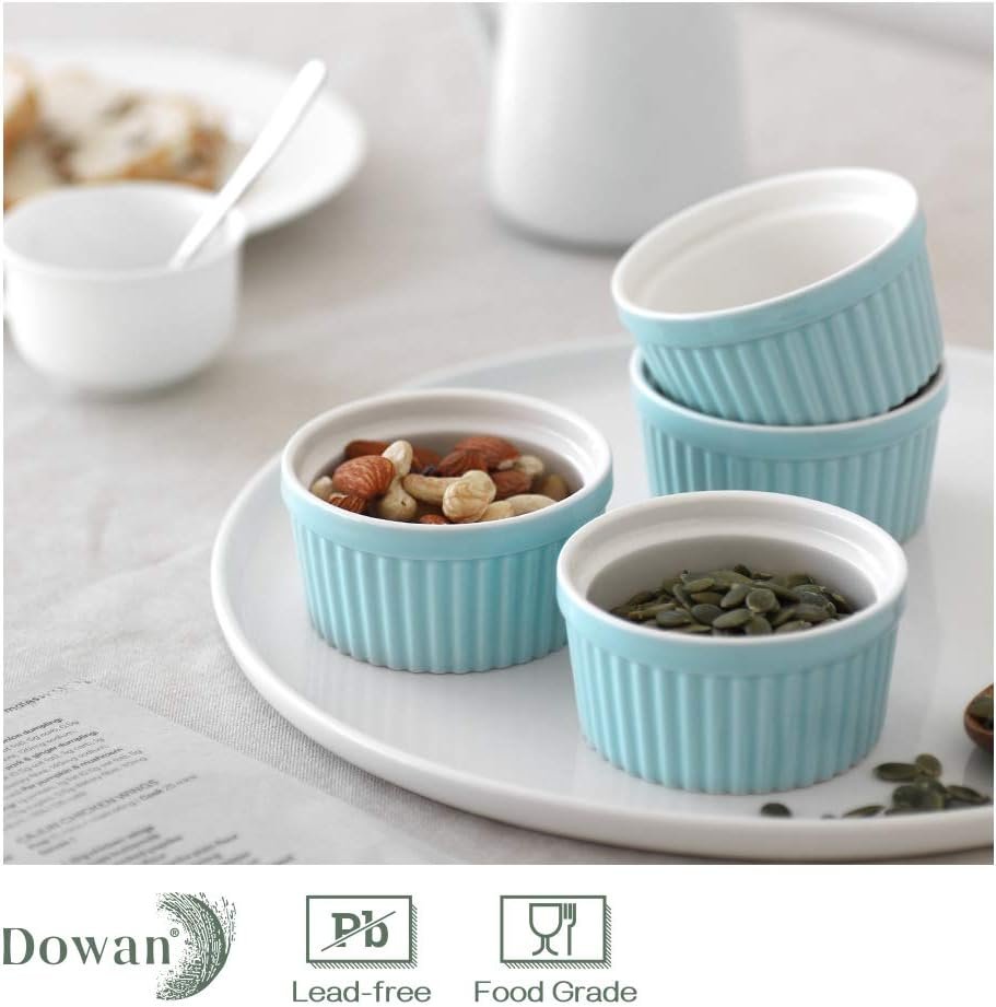 DOWAN 4 oz Ramekins - Ramekins for Creme Brulee Porcelain Ramekins Oven Safe, Classic Style Ramekins for Baking Souffle Ramekins Bowls, Set of 6, Blue