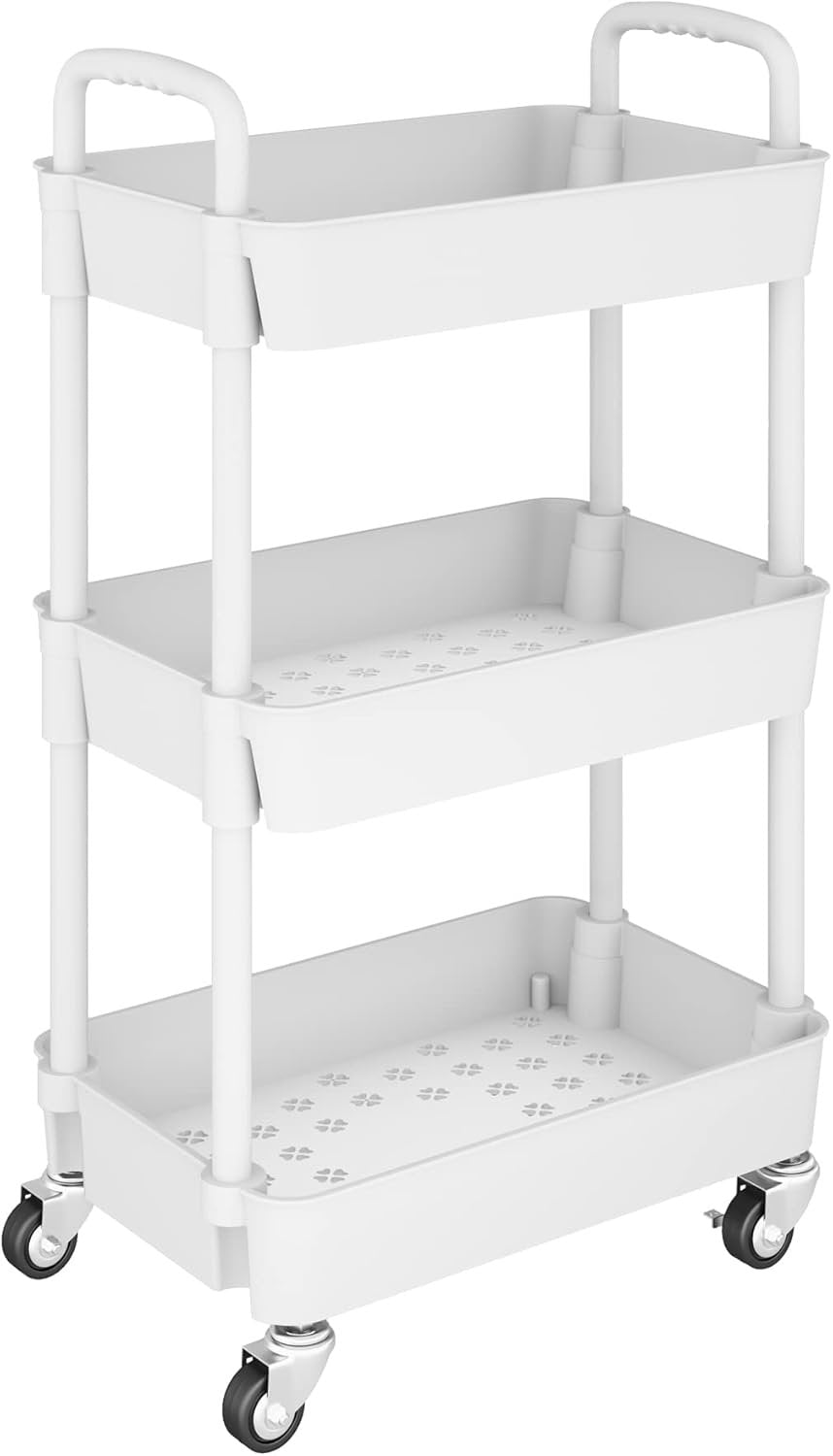 UDEAR 3-Tier Kitchen Rolling Utility Cart,Multifunction Storage Organizer with Handle and 2 Lockable Wheels for Kitchen,Bathroom,Living Room,Office,White