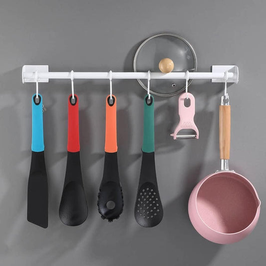 Celbon Kitchen Utensils Hanger Bar 40 cm Self-Adhesive White Aluminium Kitchen Utensils Holder with 5 Hooks Movable Wall Rail Kitchen for Kitchen Bathroom Gadgets Pans Cups Umbrella