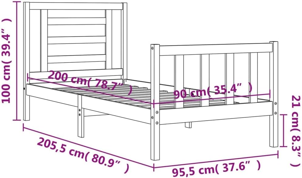 FIRBNUS Bed Frame with Headboard 90 x 200 cm Solid Wood Headboard Single Headboard Bed Frame Single Bed Frame Single Bed Frame Single Bed Frame