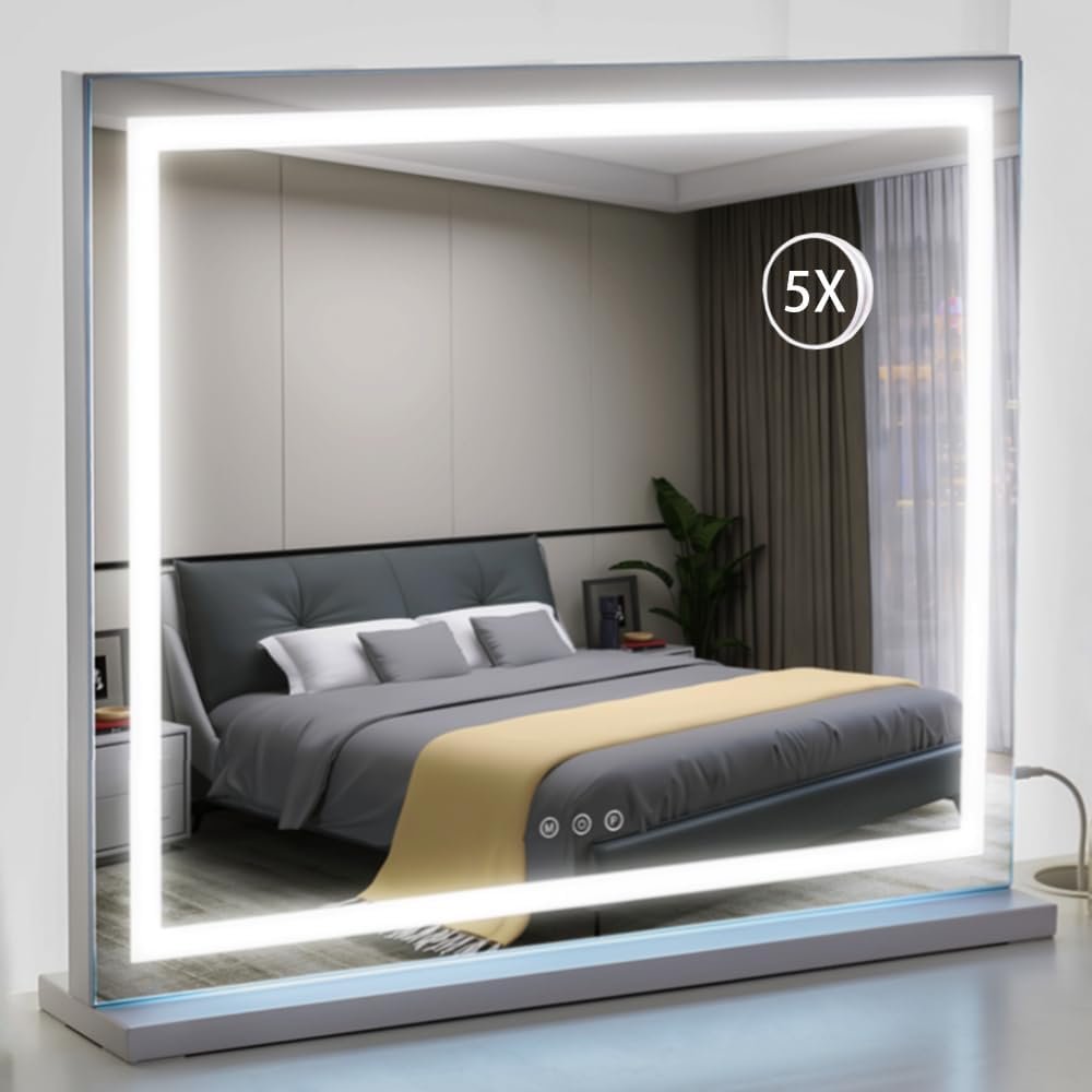 HIEEY Lighted Makeup Mirror, Hollywood Vanity Mirror with Lights, Three Color Lighting Modes, and 5X Magnification Mirror, Smart Touch Control, 360°Rotation (22.8in,White)