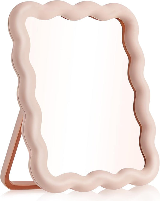 Wave-Shaped Desk Mirror, Pink Desk Accessories Portable Folding Mirror for Desk, Cute Desk Accessories Table Mirror, Travel Mirror for Women Hangable Standable 6.7x5.3 Inch Home Decoration Supplies