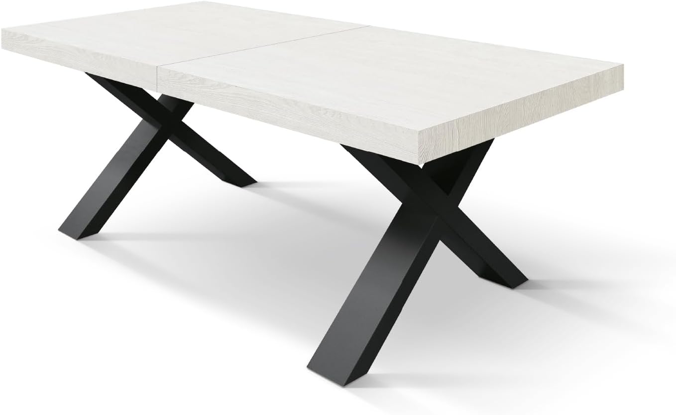 PAZZO DESIGN Linda Extendable Table, Living Room Table, Kitchen Table, Cross Legs X Black, Made in Italy, Ash White, 180 x 90 x 76 cm - id_1982-N