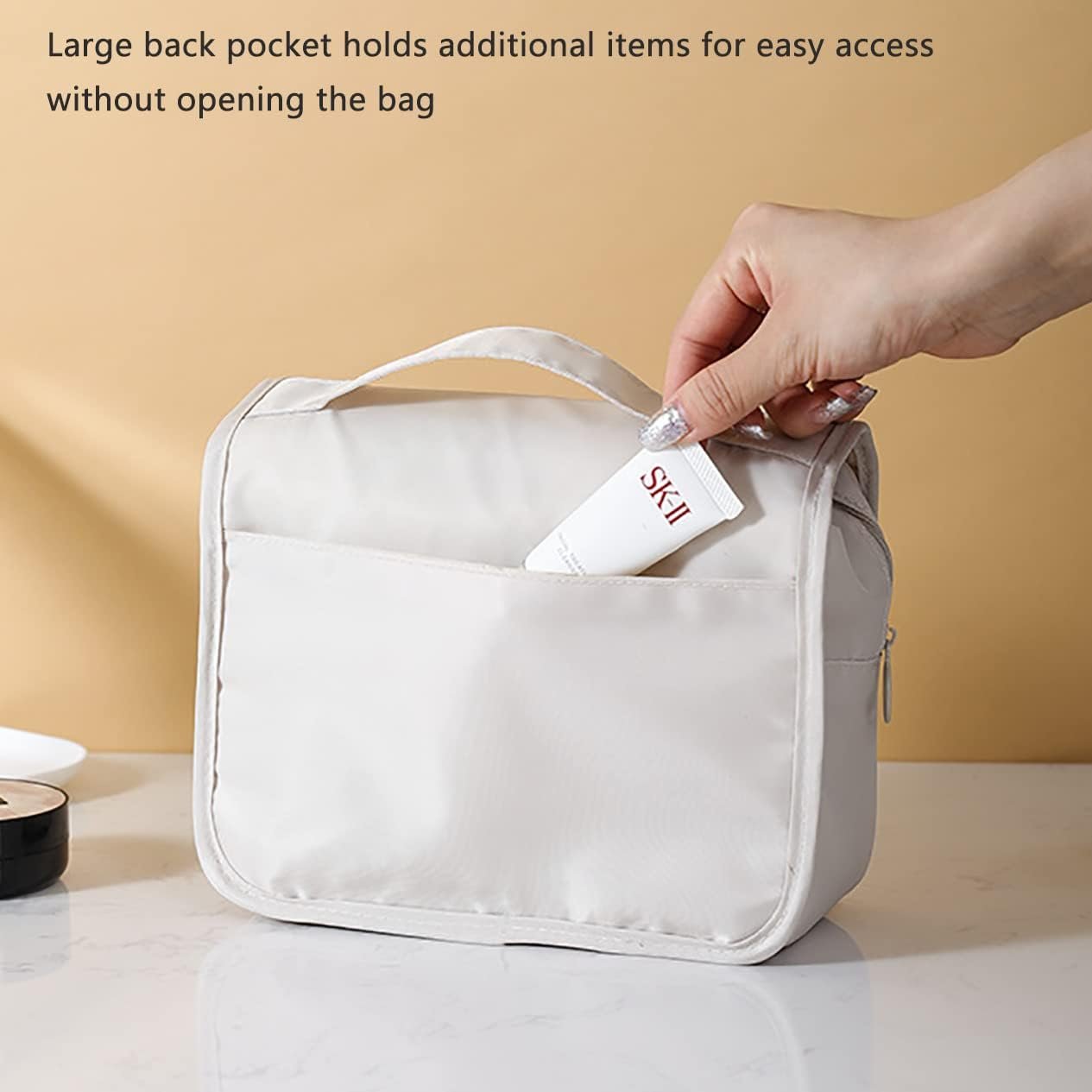 Makeup Bag Organizer Hanging Travel Toiletry Bag for Women, Water-Resistant Cosmetic Bag for Girls, Travel Make Up Bag for Accessories Toiletries, Beige, Travel Toiletry Bag