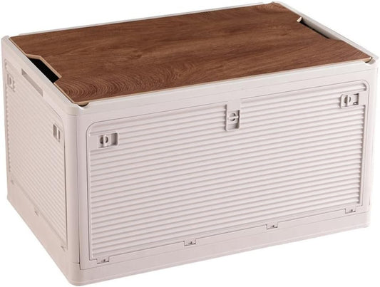 Radefasun Foldable Storage Bins with Wood Lids Plastic Collapsible Storage Box with Cutting Board Portable Stackable Grocery Books Container Folding Latching Storage Crate with Removable Pulley (S)