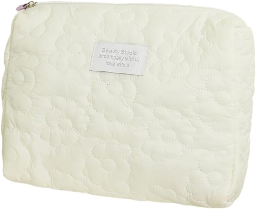 Makeup Bag Cute Cosmetic Bag Floral Large Capacity Pouch Travel Toiletry Bags for Women Girls Soft Accessories Organizer Case,White