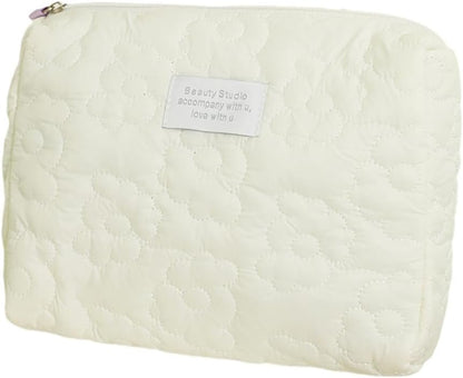 Makeup Bag Cute Cosmetic Bag Floral Large Capacity Pouch Travel Toiletry Bags for Women Girls Soft Accessories Organizer Case,White