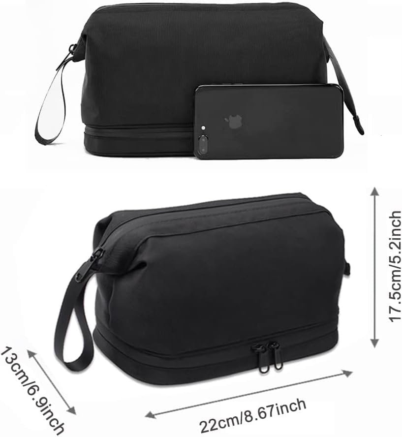 Toiletry Bag, Waterproof Cosmetic Bag for Men and Women, Large Double Space Travel Organizer for Accessories, Shaving Dopp Kit（Black）