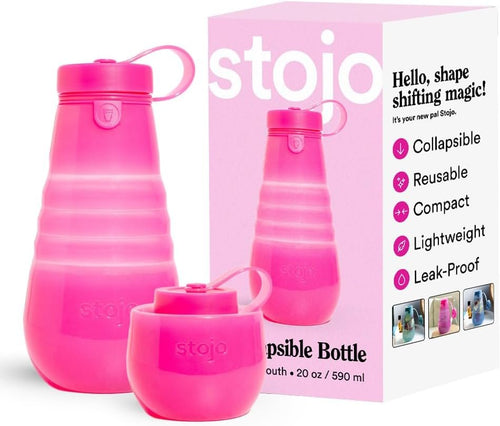 STOJO Collapsible Sports Water Bottle - Leak-Proof Reusable Silicone Travel Cup for Hot & Cold Drinks - Microwave & Dishwasher Safe - AS SEEN ON TODAY SHOW - Parent (Translucent Hot Pink)