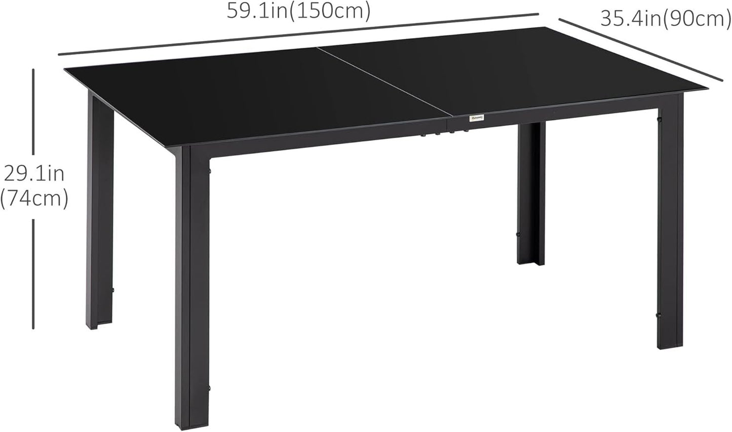 Outsunny Aluminium Outdoor Dining Table for 6, 59" x 35" Rectangle Patio Table with Tempered Glass Tabletop, for Garden, Backyard, Lawn, Balcony, Black