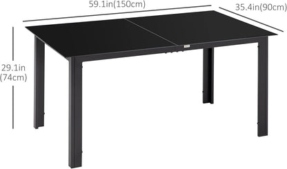 Outsunny Aluminium Outdoor Dining Table for 6, 59" x 35" Rectangle Patio Table with Tempered Glass Tabletop, for Garden, Backyard, Lawn, Balcony, Black