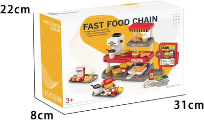 Pretend Play Fast Food Store Toy with Realistic Coffee Machine Card Reader Food Shop Playset with Simulate Hamburger Chips Sandwich etc Play Money Checkout Game for Kids