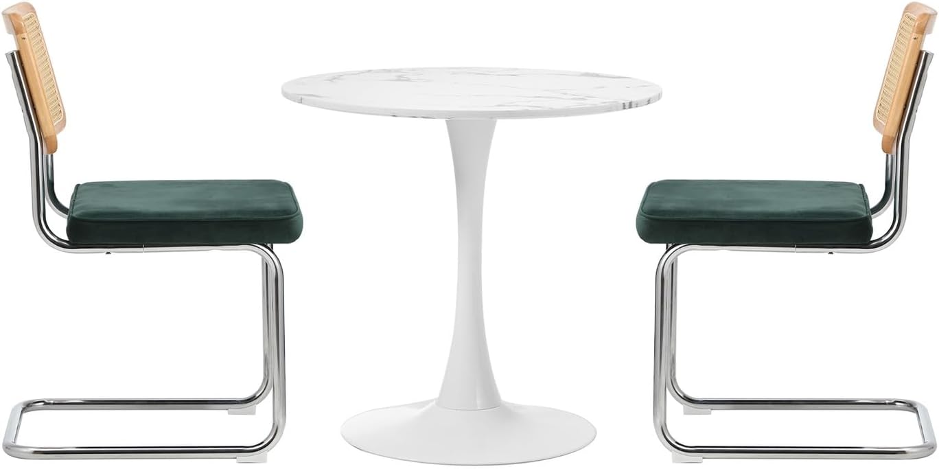 Oikiture 60cm Round Dining Table with 3PCS Dining Chairs Velvet White&Green