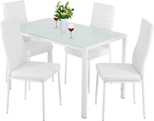 Ruesleag Dining Table Set 5-Piece Dining Room Glass Tabletop Table &Upholstered Chairs for 4 Modern Kitchen Table with Chairs Space-Saving Home Furniture Dining Sets for Dining Room Living Room,Black