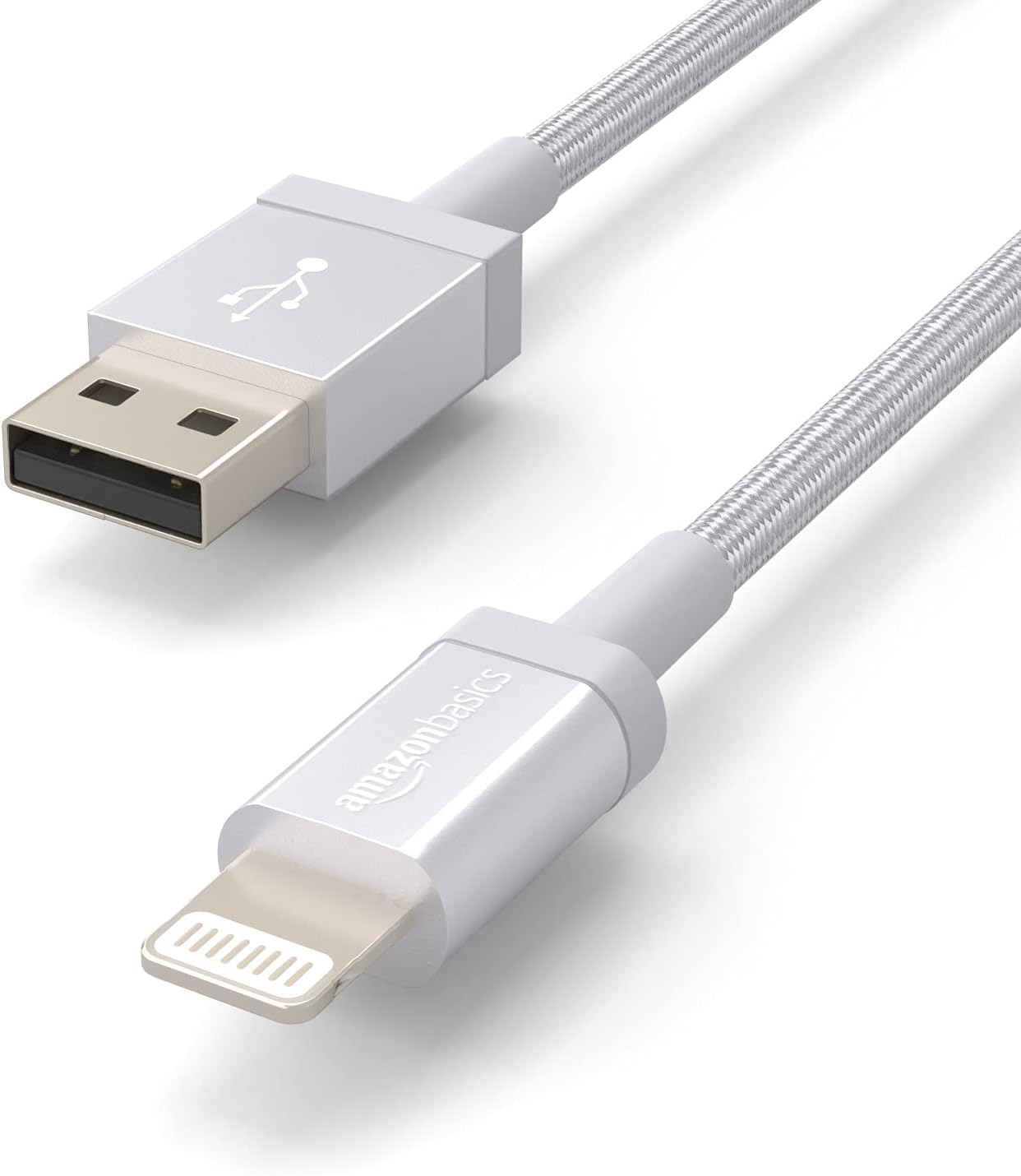 Amazon Basics Lightning to USB-A Charging Cable, MFi Certified Nylon Braided iPhone Charging Cable, Silver, 1.8m