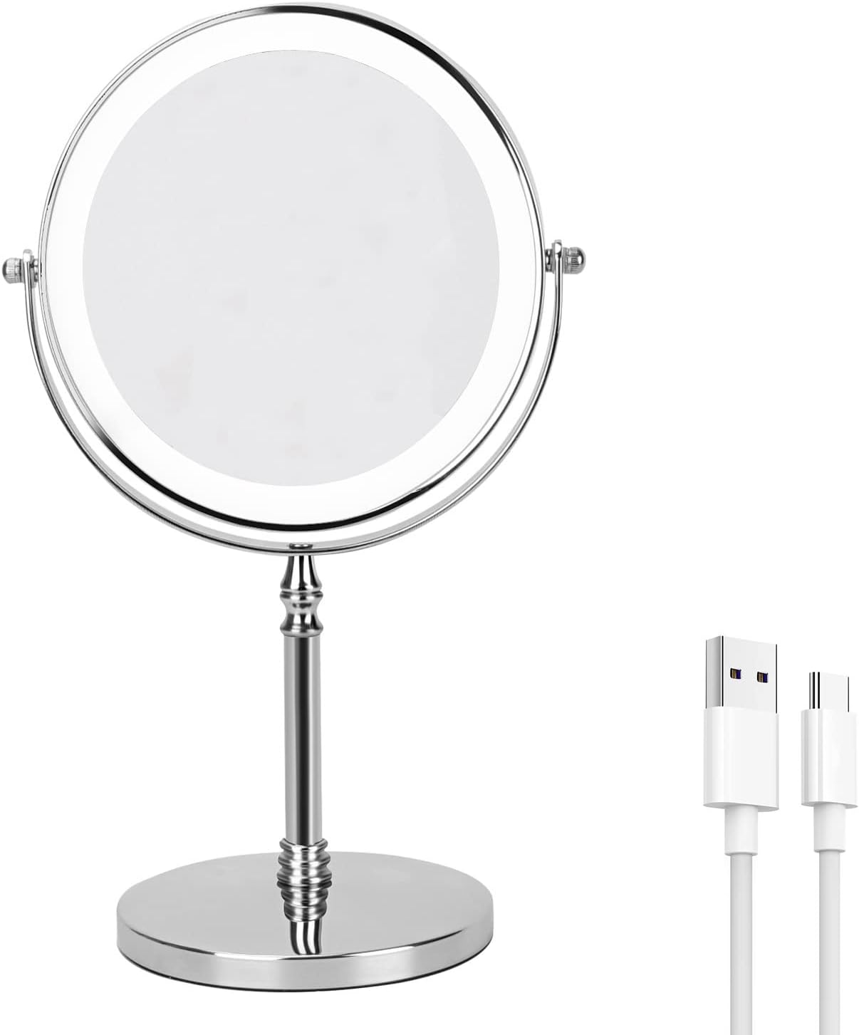 Rechargeable 8 Inch Lighted Makeup Mirror with 3 Color Lighting Modes Magnified Double Sided 10x Magnification LED Vanity Mirror with Dimmable Lights