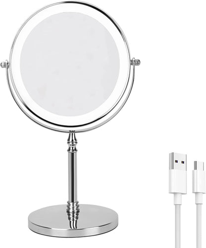 Rechargeable 8 Inch Lighted Makeup Mirror with 3 Color Lighting Modes Magnified Double Sided 10x Magnification LED Vanity Mirror with Dimmable Lights