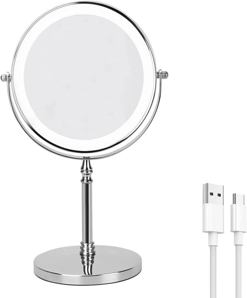 Rechargeable 8 Inch Lighted Makeup Mirror with 3 Color Lighting Modes Magnified Double Sided 10x Magnification LED Vanity Mirror with Dimmable Lights