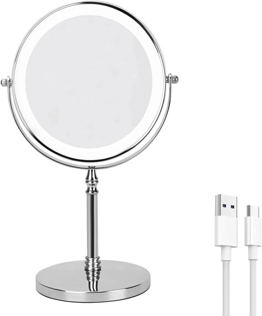 Rechargeable 8 Inch Lighted Makeup Mirror with 3 Color Lighting Modes Magnified Double Sided 10x Magnification LED Vanity Mirror with Dimmable Lights