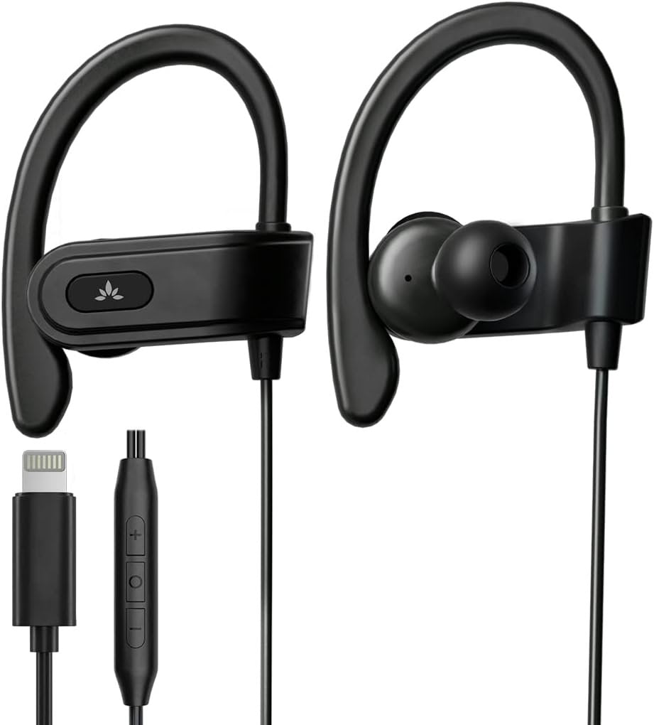 Avantree L171 - Over Ear Lightning Headphones Wired for iPhone, MFi Certified Earbuds, in Line Mic for Clear Calls, Good Sound & Comfortable, Ideal for Sports, Compatible with iPhone 14 13 12 11
