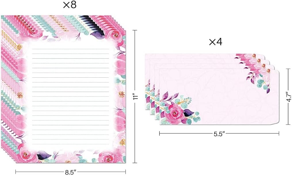 Stationary Writing Paper with Envelopes - Flora Stationery Set with Lined Letter Writing Paper, 48 Sheets + 24 Envelopes, 8.5 x 11 Inch of Each Stationary Paper
