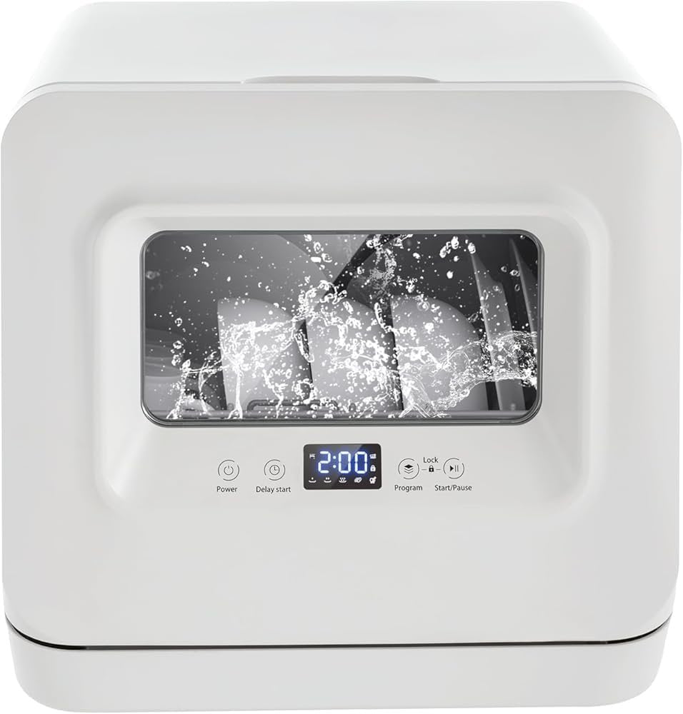 White Mini Portable Dishwasher: Compact Tabletop Smart Touch for Home, Apartment, and Office - Dishwashing, Drying, & Storage Solution