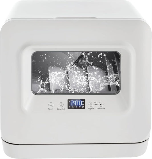 White Mini Portable Dishwasher: Compact Tabletop Smart Touch for Home, Apartment, and Office - Dishwashing, Drying, & Storage Solution