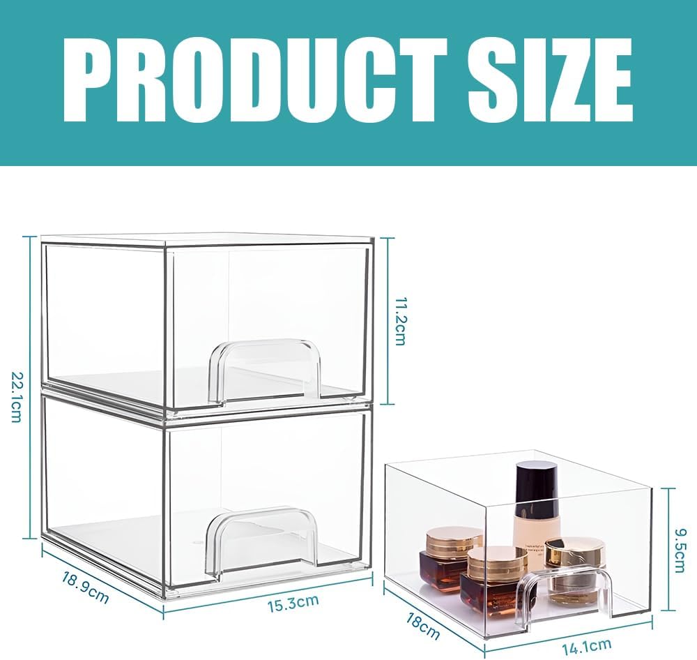 2 Pack Stackable Cosmetic Storage, Portable Bathroom Organizers, Makeup Storage with Drawers, Clear Storage Box for Cosmetics, Skin Care, Hair Accessories (18.9 * 15.3 * 11.2 CM)