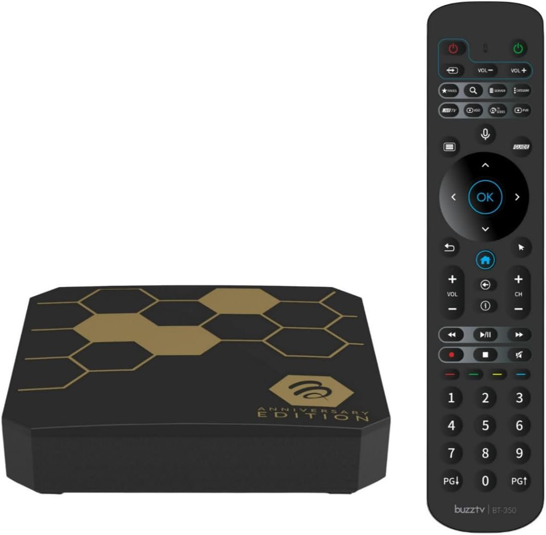 BuzzTV Classic Anniversary Edition 4K Media Device with 4GB RAM, 64GB Storage, BT-350 Voice Remote, Dual Antennas, Gigabit LAN, USB-C Port, and Wi-Fi 6