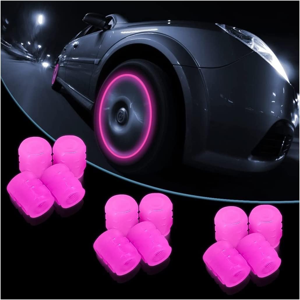 Tire Valve Stem Caps for Car, 12PCS Noctilucous Tire Air Caps Cover, Illuminated Auto Wheel Valve Stem Cap, Car Accessories Universal for Car, Truck, SUV, Motorcycles, Bike (Pink)
