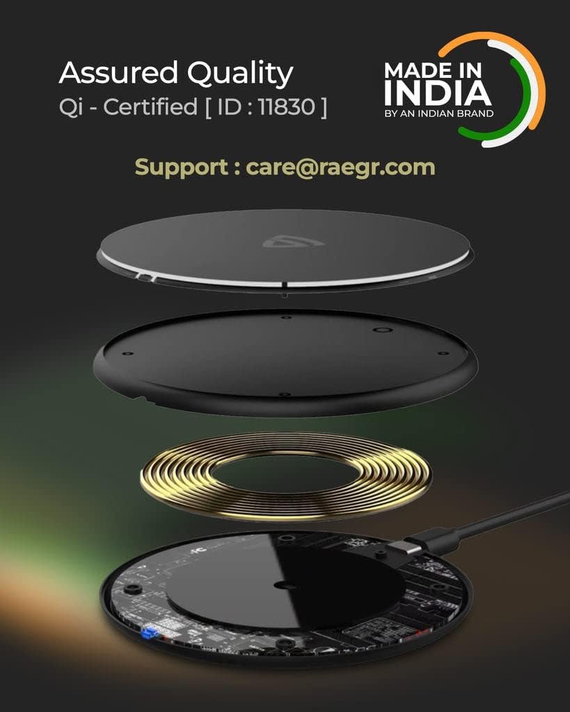 RAEGR Arc 400 Pro 15W Type-C PD | Made in India | Qi-Certified Wireless Charger with Fireproof ABS Compatible with iPhone 16/15/14/13 Series, Galaxy S25/S24/S23 Series, OnePlus 9/9 Pro -Matte Black