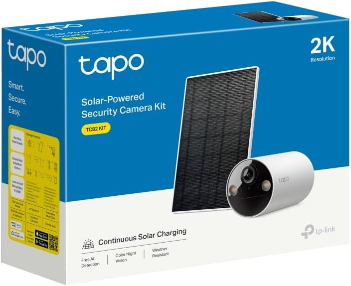 TP-Link Tapo Smart Home Solar-Powered Security Camera Kit, Wireless, 2K 3MP, IP65, Colour Night Vision, Person Detection, Notification, No Hub Required, SD Card Slot, App Remote Control (TC82 KIT)