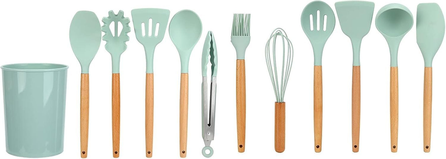 ZPSHYD Set di utensili da cucina in silicone con manici in legno, 12 pezzi gadget da cucina, verde chiaro, include spazzola per olio, cucchiaio antiaderenteForniture da cucina per la casa