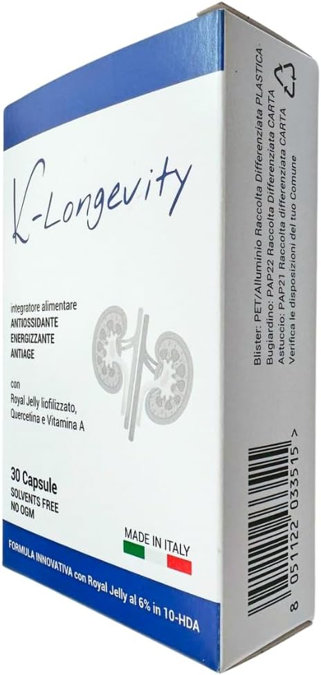 K-Longevity Anti-Aging Food Supplement Energizing Antioxidant with Royal Jelly Quercetin Vitamin A Royal Jelly Immune Defenses Sugar-Free Fights Fatigue Fatigue Free Radicals
