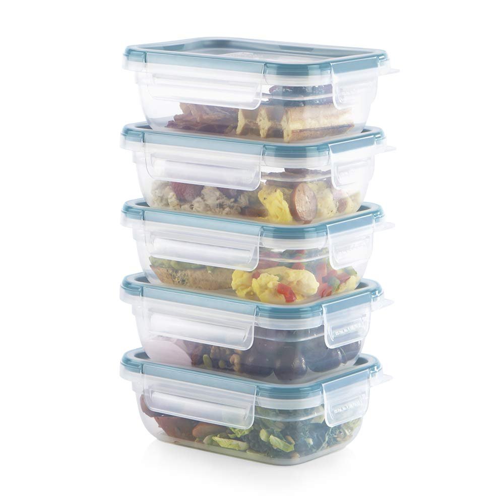Snapware Total Solution 10pc Rectangle Plastic Food Storage Container Value Set, 10pcs (5 x 3 Cup [710ml] containers with 5 x tab Locking lids), Opaque