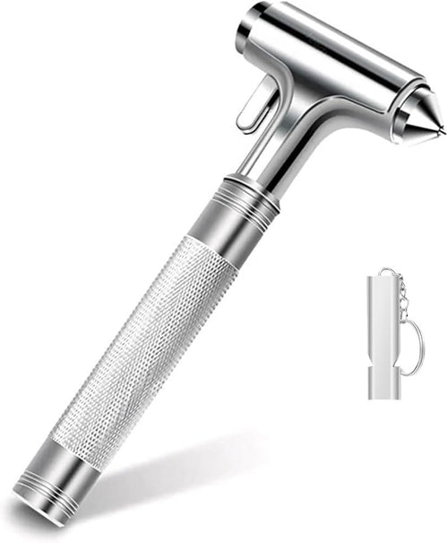 Car Safety Hammer with Whistle, Car Window Emergency Escape Breaker with Seat Belt Cutter, Aluminum Alloy Automotive Life Saving Rescue Tools (Silver)